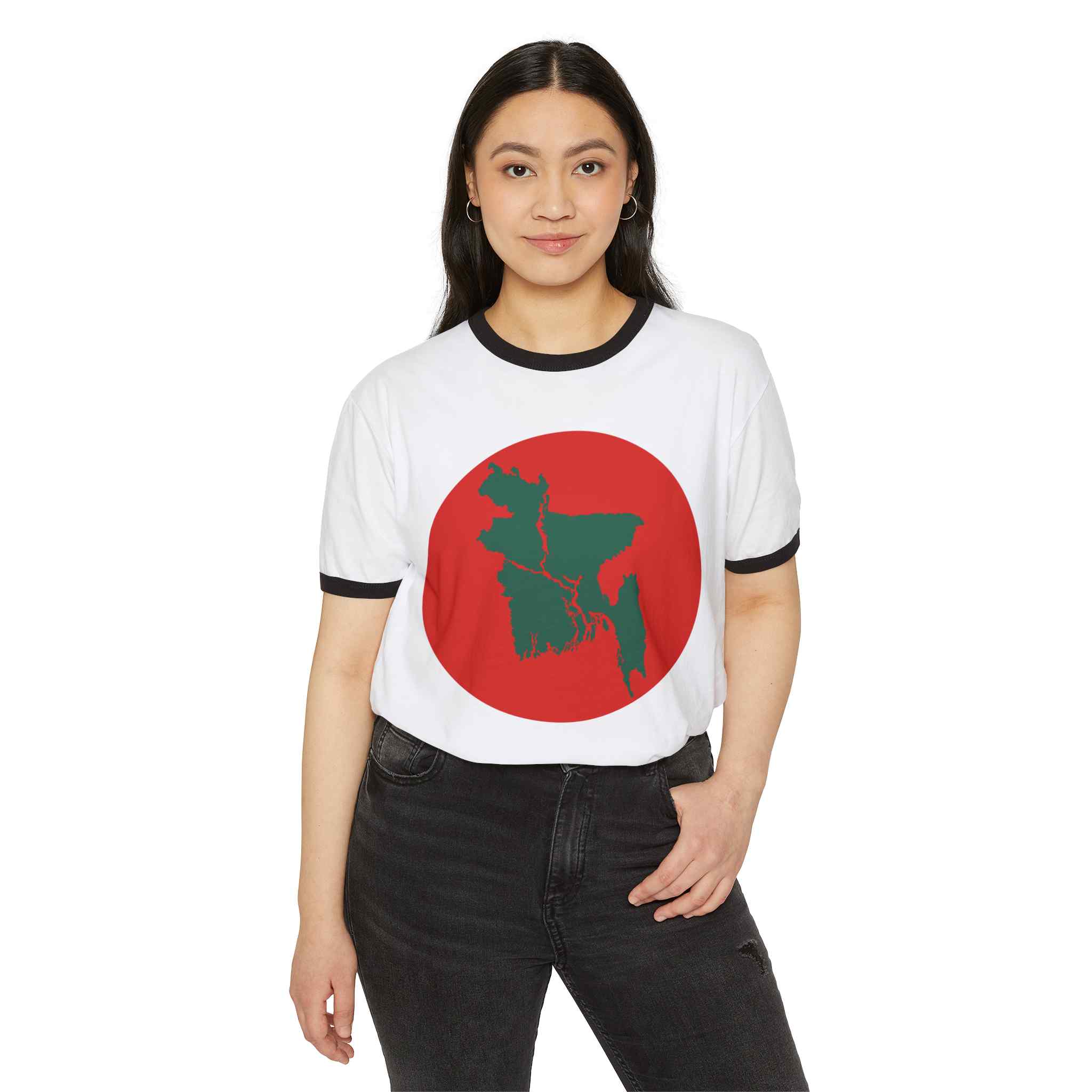 Bangladesh Map Ringer T‑Shirt — Green Map on Red Circle